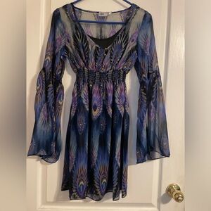 NWT Three Eighty‎ Two Smocked Fairy Flutter Sleeve Peacock Mini Dress Size XS